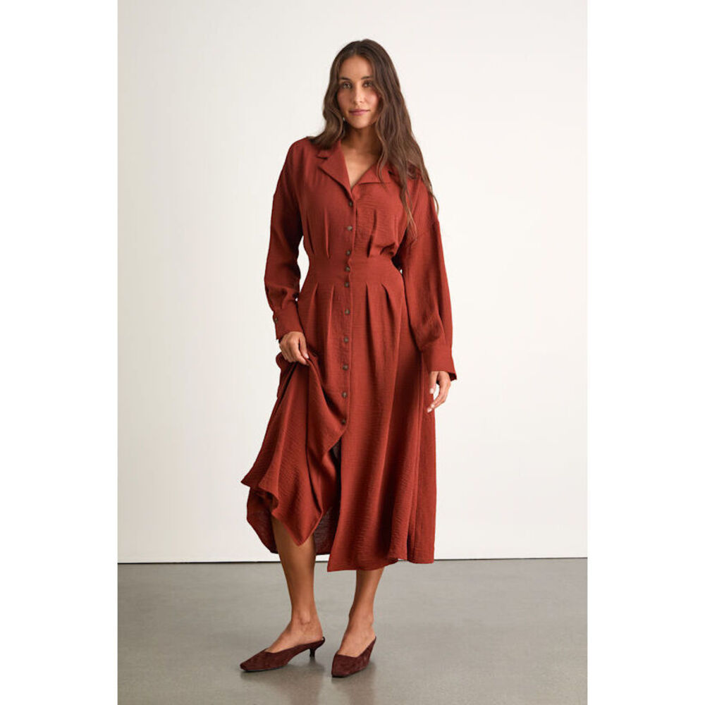 Lulus Timeless Class Rust Collared Button-up Pleated Midi Dress Brown - Size M